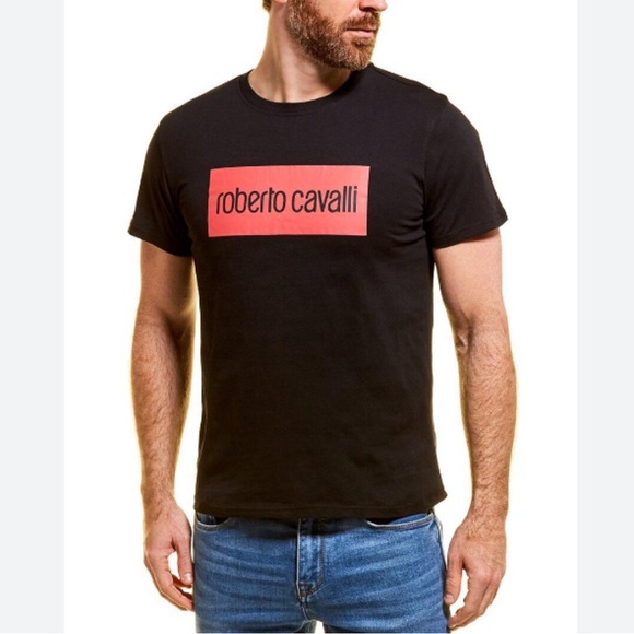 Roberto Cavalli Men’s Short Sleeve Cotton Logo T-Shirt | NWT (L) Black/Red - Picture 1 of 1
